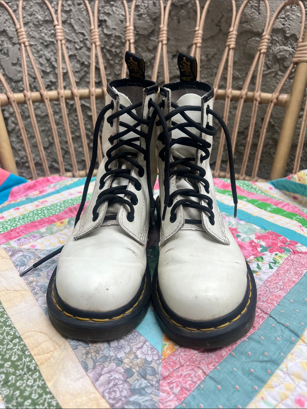 Dr. Martens White Leather Lace-Up Combat Boots with Black Laces Preloved